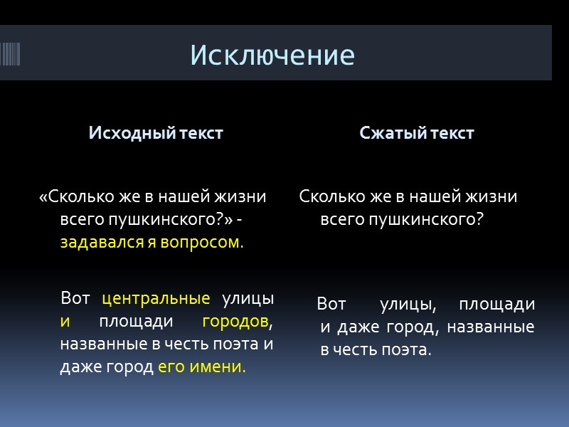 Исключение Исходный текст Сжатый текст  «Сколько же в нашей жизни всего пушкинского?» -